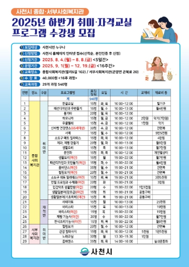 사천시 종합·서부사회복지관, 2025년 하반기 ‘취미·자격교실 프로그램’ 수강생 모집