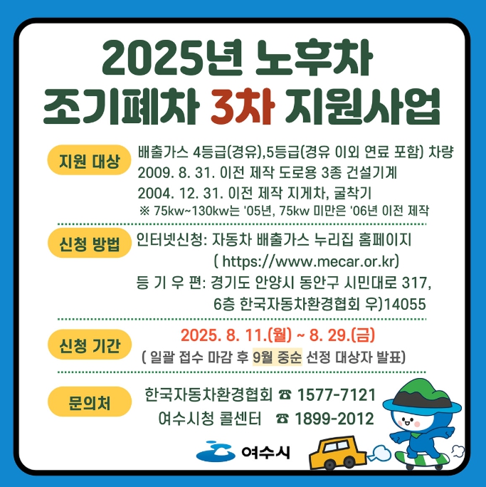 여수시, 노후차 조기폐차 지원사업 3차 추가 접수