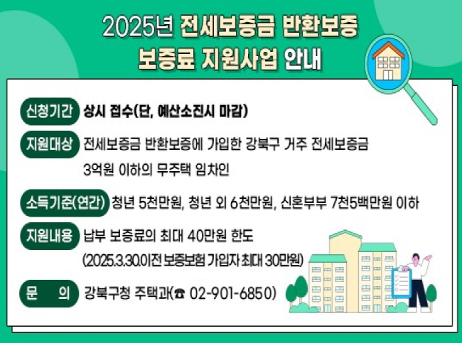 강북구, 주거안전망 강화…전세보증금 반환보증료 지원