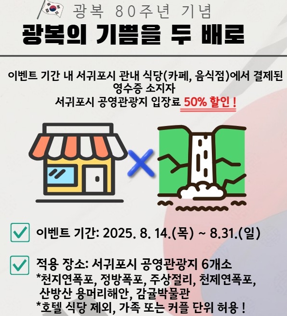 서귀포시, 광복 80주년 기념 공영 관광지 반값 여행