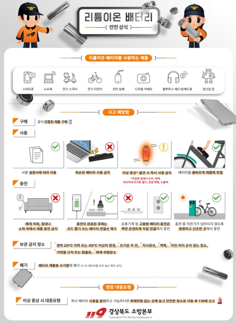 경북소방본부, 실내 배터리충전 화재주의