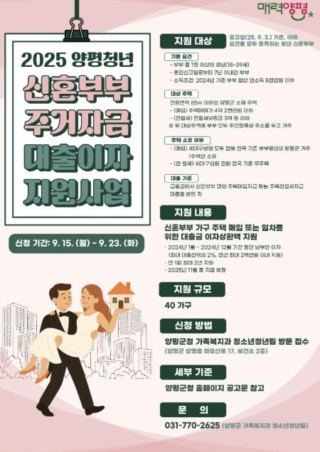 양평군, 청년 신혼부부 주거자금 대출이자 연 최대 200만 원 지원