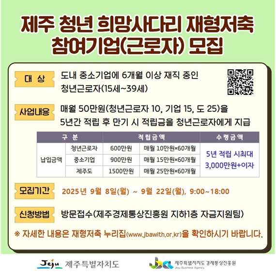'제주 청년 희망사다리 재형저축' 참여자 추가 모집
