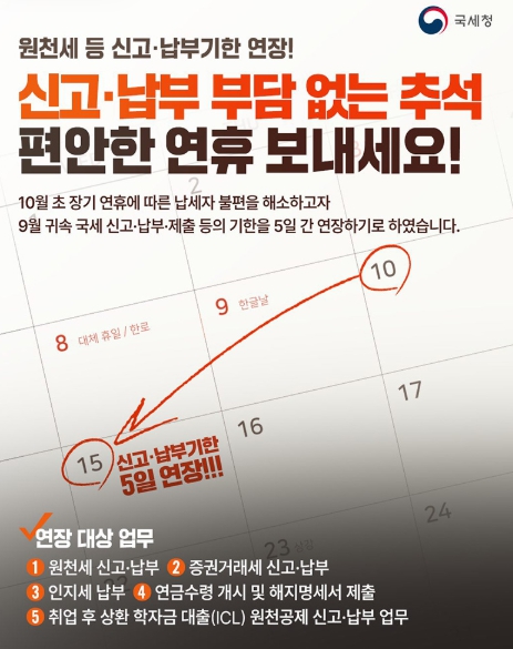 국세청, 추석 연휴 원천세 등 신고·납부기한 연장
