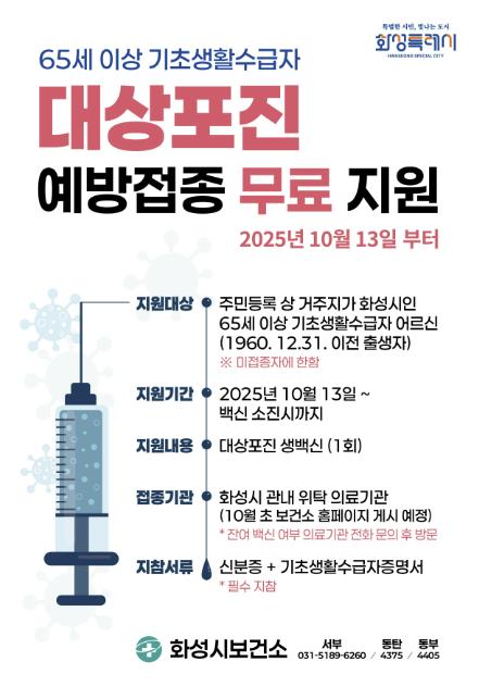 화성특례시, 65세 이상 기초생활수급자 대상 '대상포진 예방접종' 전액 지원