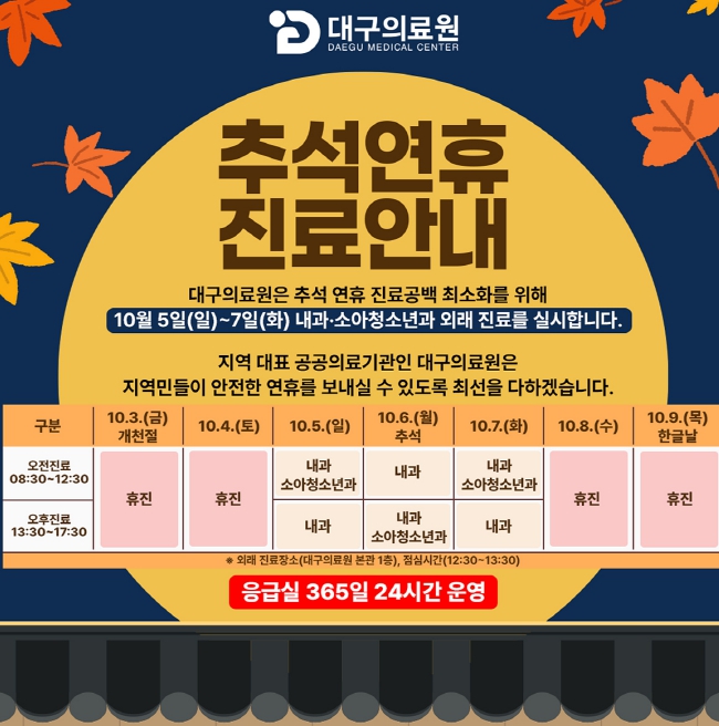 대구의료원, 추석 연휴 10월 5일부터 7일까지 3일간 내과·소아청소년과 외래진료 운영