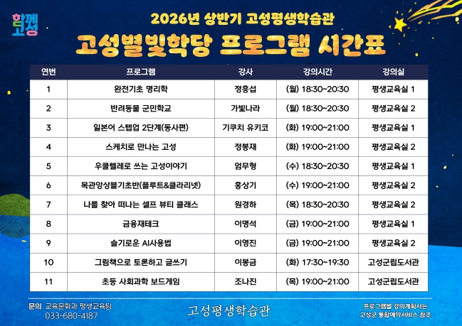 고성군, ‘2026년 상반기 고성별빛학당’ 개강…야간특화 평생학습 프로그램으로 군민 배움 기회 확대
