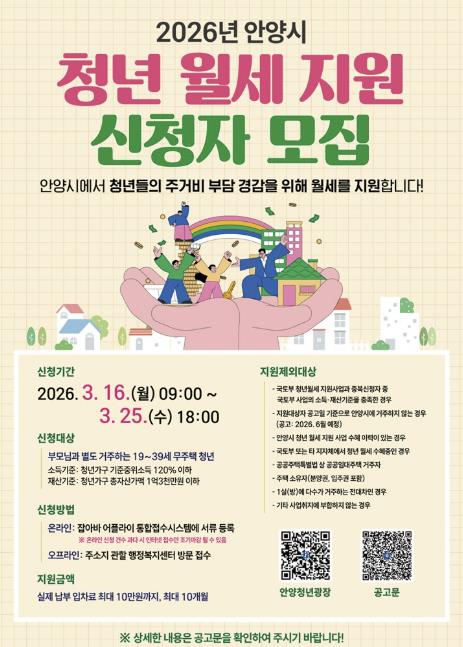 안양시, '청년 월세 지원' 지급 대상 확대…소득・재산기준 완화