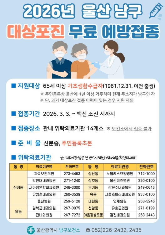 울산 남구, 2026년 취약계층 대상포진 무료 예방접종 실시