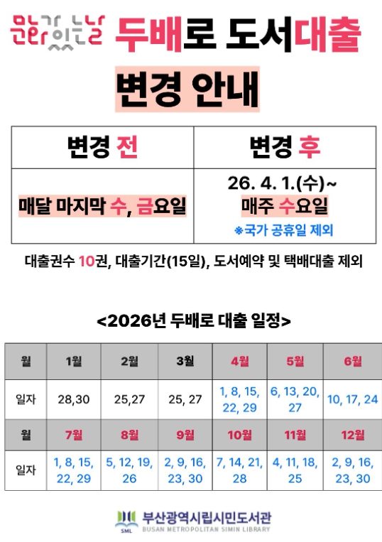 부산시민도서관, ‘두배로 데이’ 매주 수요일로 확대 운영