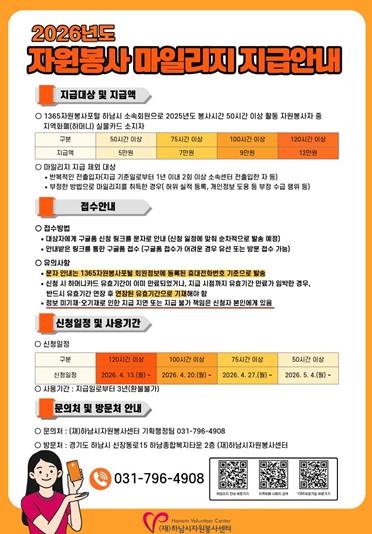 하남시자원봉사센터, 2026년도 자원봉사마일리지(지역화폐) 4월부터 지급 - 50시간 이상 최대 12만 원까지