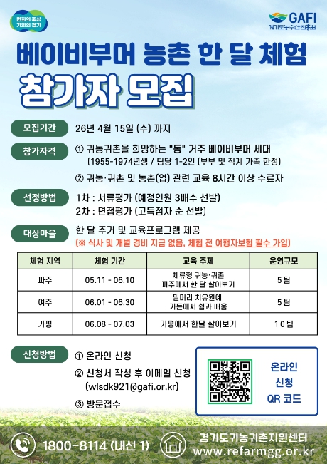 경기도, '베이비부머 농촌 한 달 체험' 참가자 모집