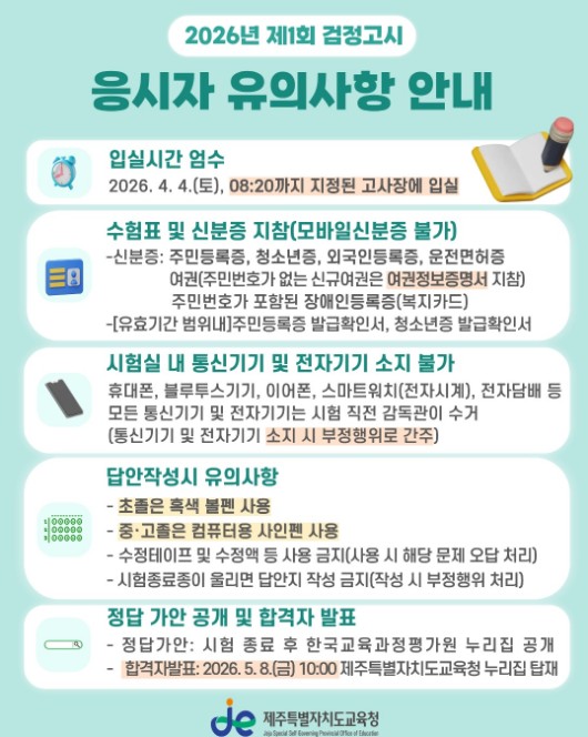 제주도교육청, 배움의 도전 멈추지 않는다…검정고시 416명 응시