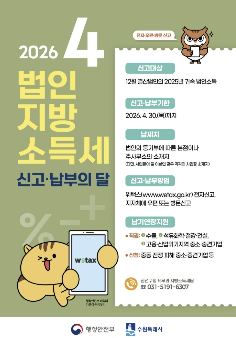 수원시 권선구, 4월은 법인지방소득세 신고·납부의 달