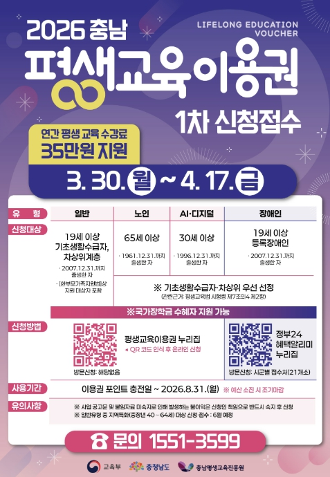 예산군, 충남 평생교육 이용권 지원사업 신청자 모집