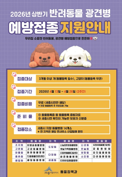 세종시, 봄철 반려동물 광견병 예방접종 무료 지원