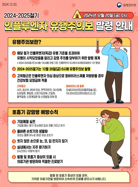 제주도, 12월 20일 0시 전국 인플루엔자 유행주의보 발령